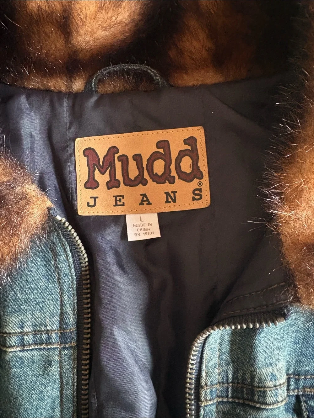 Mudd Teal Denim Jacket with Brown Faux Fur Collar - Girls Size Large